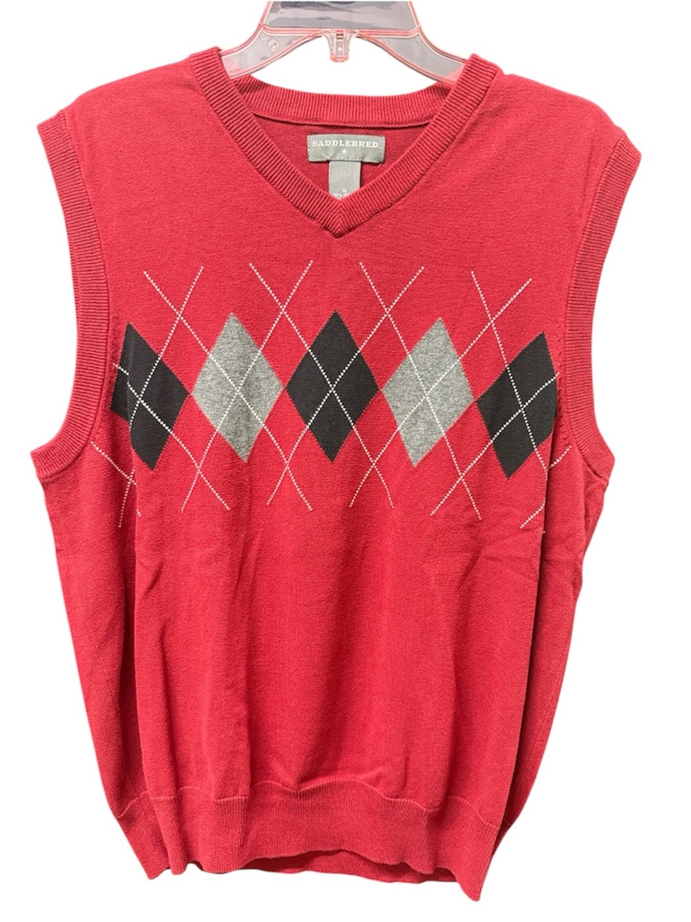 Saddlebred Mens M Argyle Sweater Vest V Neck Red Grey Diamond Plaid Knit Holiday